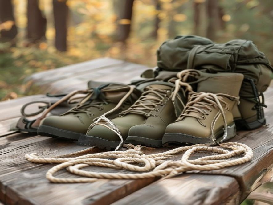 Outdoor equipment laid out on wooden table including boots, rope, and backpack